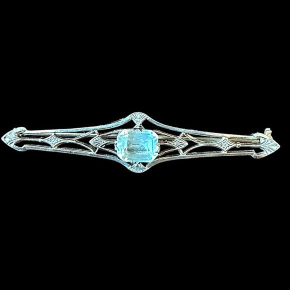 925 Sterling Silver Jewelry - Vintage Art Deco Sterling Silver Aqua Blue Glass Filigree Brooch